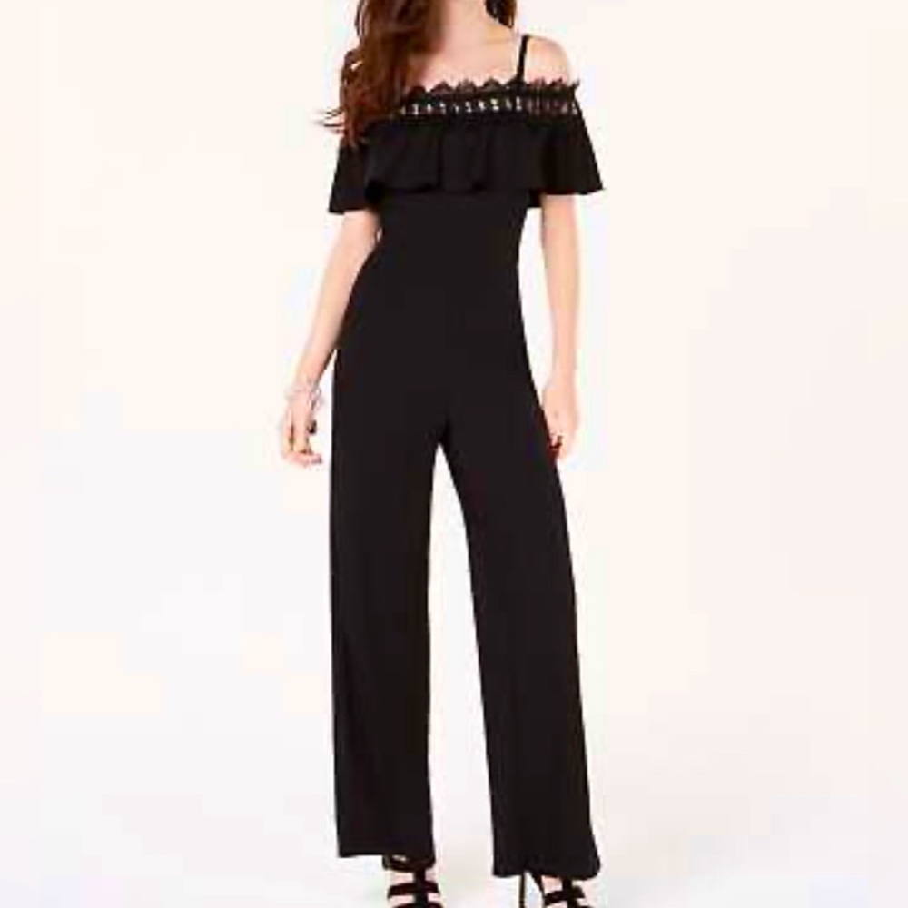 Black Ruffled Off The Shoulder with Adjustable Straps Jumpsuit